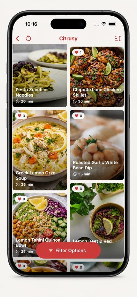 HotBites Citrusy category showing recipes in a two-column grid