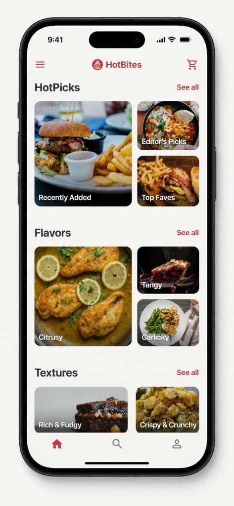 HotBites home feed with Editor Picks, Top Faves, and Flavors sections