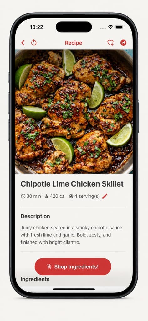 HotBites recipe detail for Chipotle Lime Chicken Skillet with shop ingredients