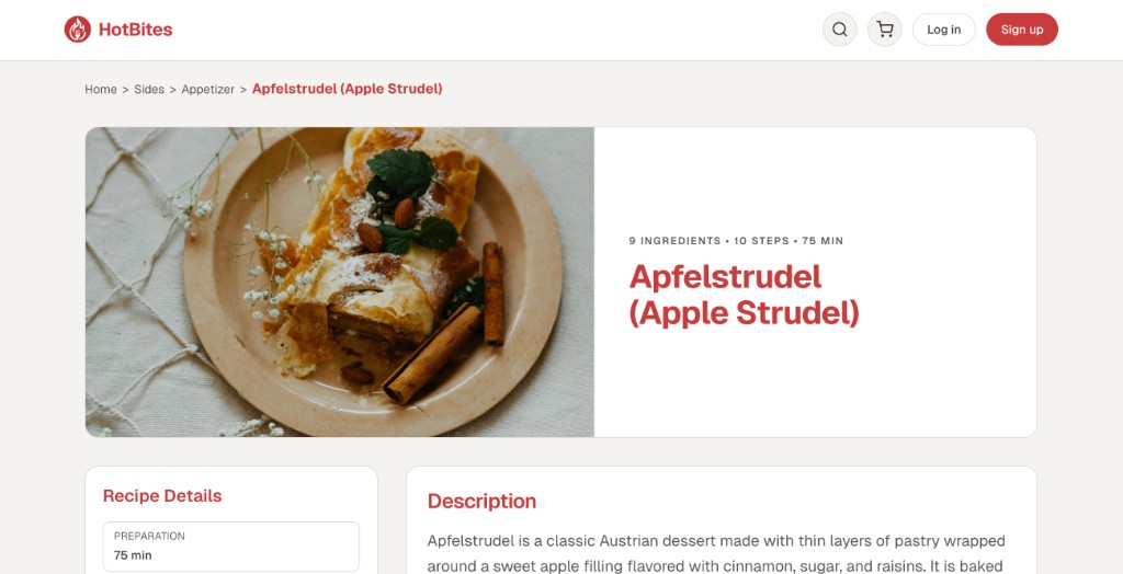 HotBites web app recipe page for Apfelstrudel (Apple Strudel) with hero image and details